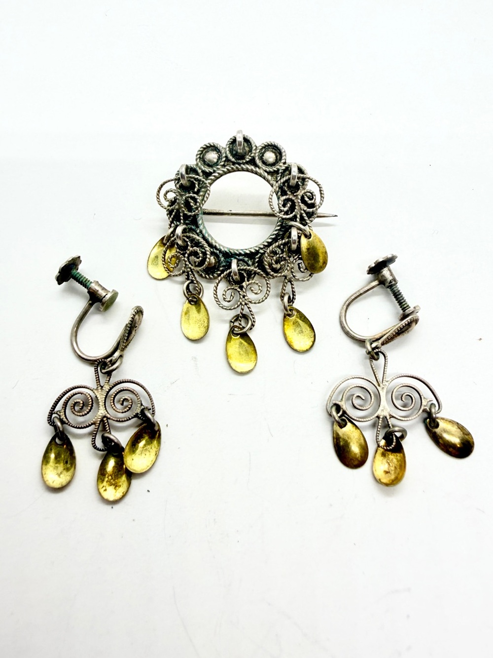 Vintage Norwegian Solje 830S Silver Wedding Jewelry Set Brooch Pin & Earrings